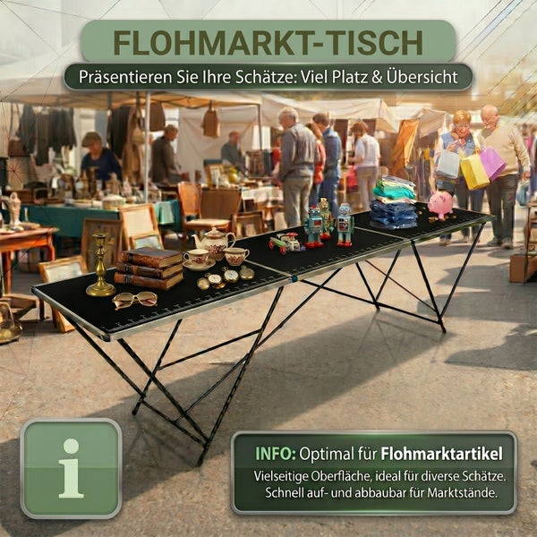 Klappbarer schwarzer Flohmarkttisch mit Metallgestell, dekoriert mit diversen Waren in einer hellen, organisierten Marktszene. Informationssymbol unten.