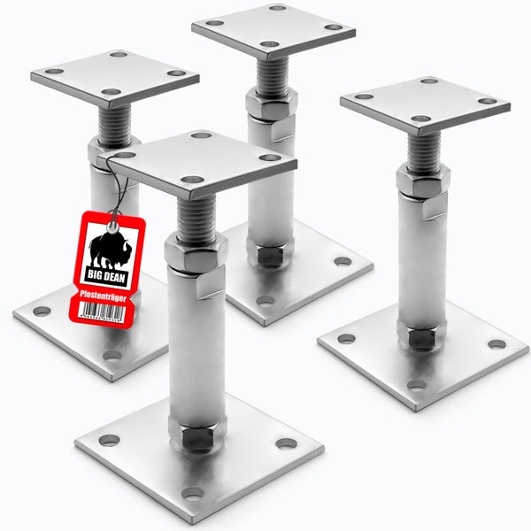 Vier verstellbare Pfostenträger aus Metall mit Big Dean Logo