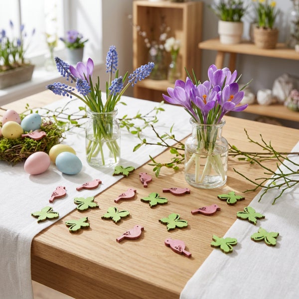 Frühlingshafte Tischdekoration mit Krokussen und Traubenhyazinthen in Glasvasen, Ostereiern im Nest und kleinen Holzfiguren auf einem Holztisch.
