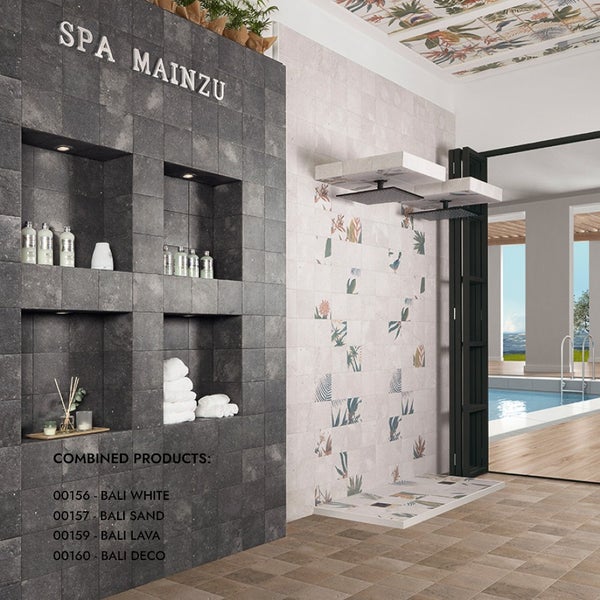 Moderne Küche mit Bali Green und Bali Deco Wand- sowie Bodenfliesen im rustikalen Stil mit Holzschrank und weißem Doppelwaschbecken.
