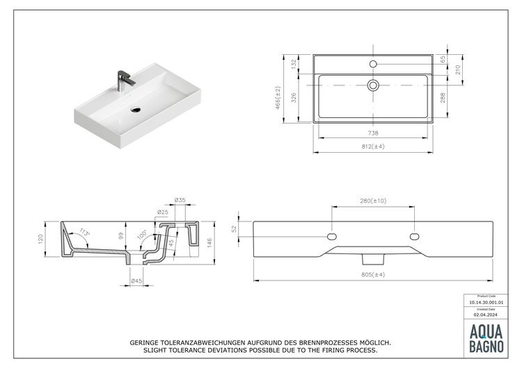 Zeichnung eines Aufsatzwaschbeckens mit Armatur und Maßangaben