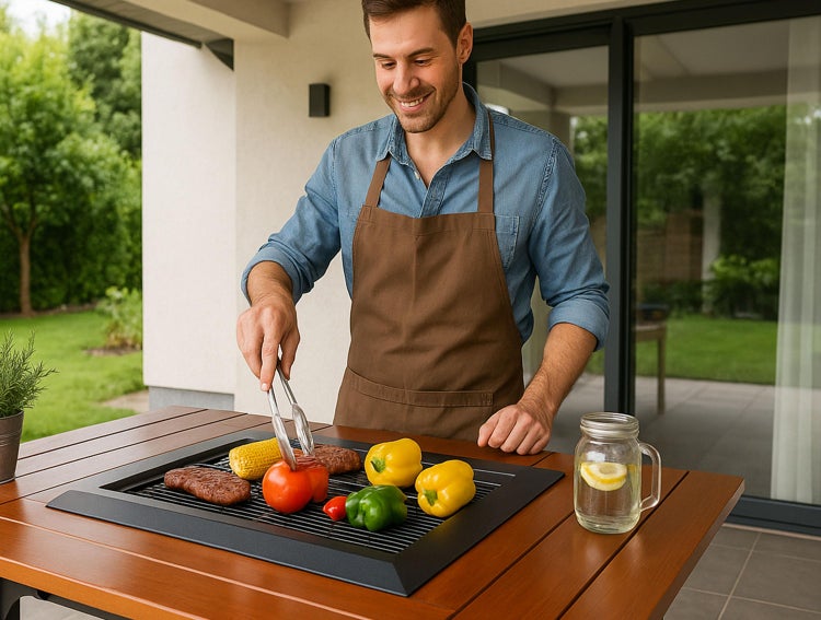 Mann grillt Gemüse und Fleisch auf einem Tischgrill im Freien