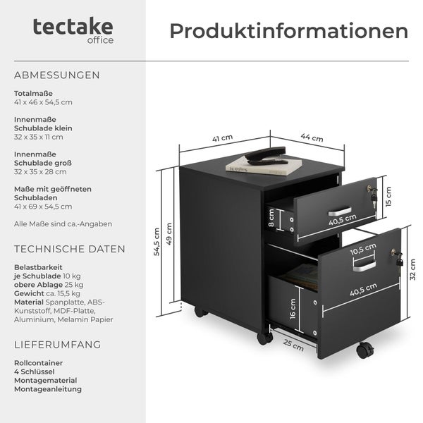 Tectake Rollcontainer mit Schubladen und Maßangaben