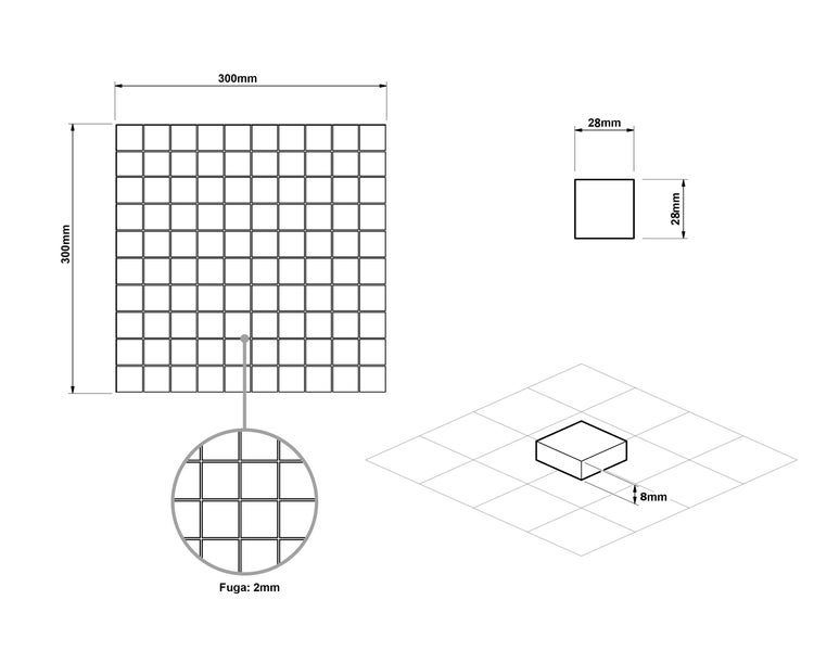 Technische Zeichnung einer Mosaikmatte mit Maßen: Blatt 300 mal 300 Millimeter, Stein 28 mal 28 Millimeter, Stärke 8 Millimeter, Fuge 2 Millimeter.