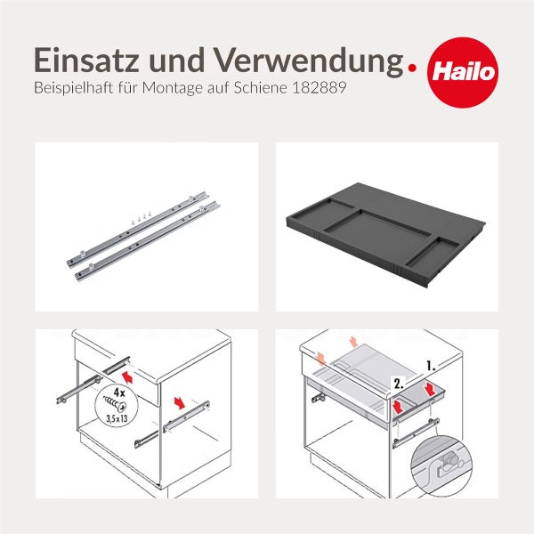 Hailo Logo. Montageanleitung für Schubladenschienen und eine Schubladeneinteilung in einem Küchenunterschrank.