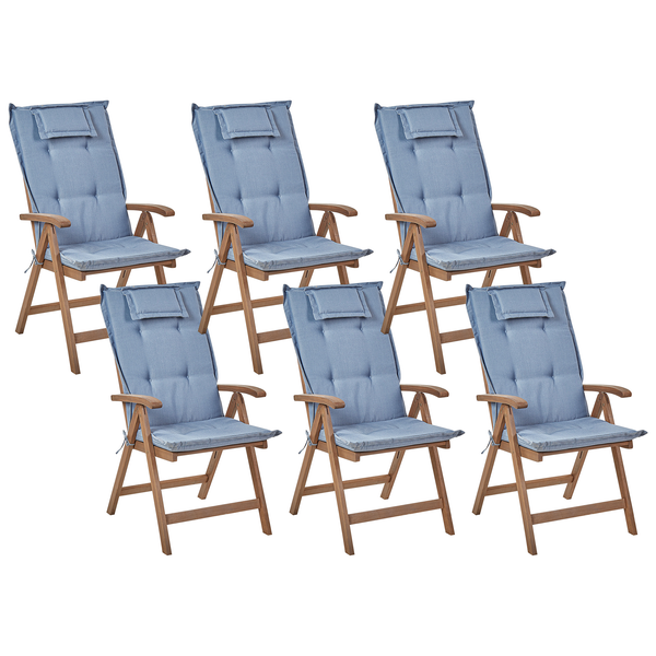 Set mit 6 Stühlen und Sitzkissen AMANTEA Akazienholz Blau