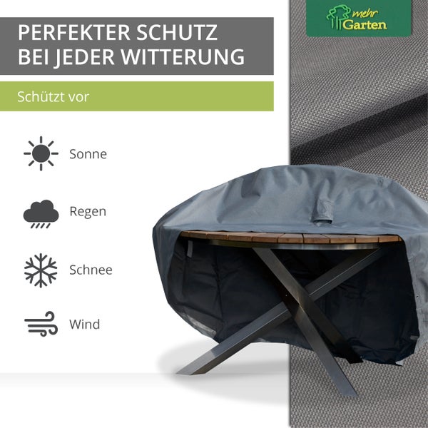 Mehr Garten - Premium Gartentisch-Schutzhülle rund: Ø155x71(H) cm I Robuste Abdeckung für Gartentische wasserdicht und wetterfest aus Oxford 600D Gewebe I Lichtgrau