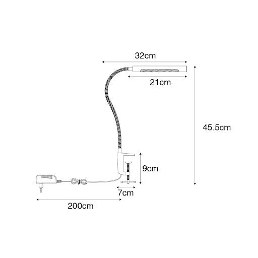 Technische Zeichnung einer Klemmleuchte mit den Maßangaben Länge 32 cm, Leuchtenkopf 21 cm, Höhe 45,5 cm, Klemme 9 cm, Klemmtiefe 7 cm, Kabellänge 200 cm.