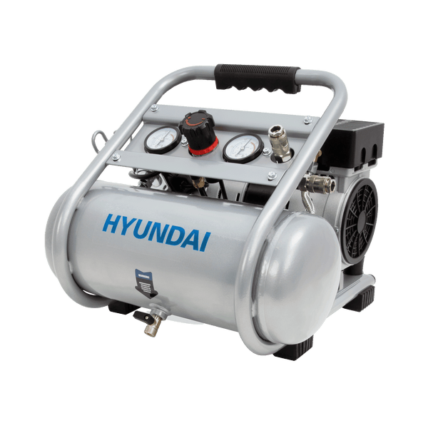 Tragbarer Hyundai Kompressor mit silbernem Metalltank, zwei Manometern und Tragegriff.