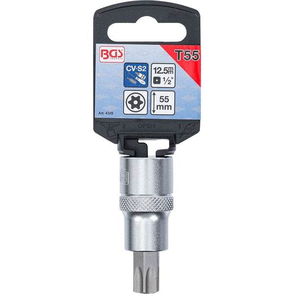 BGS Bit-Einsatz Antrieb Innenvierkant 12,5 mm (1/2) T-Profil (für Torx) mit Bohrung T55 - 4329