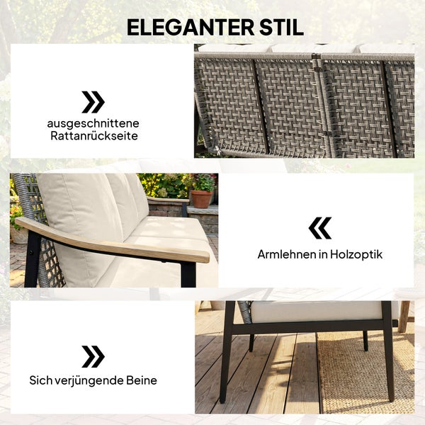 Gartenmöbel-Details mit geflochtener Rattanrückseite, Armlehnen in Holzoptik und sich verjüngenden Beinen.