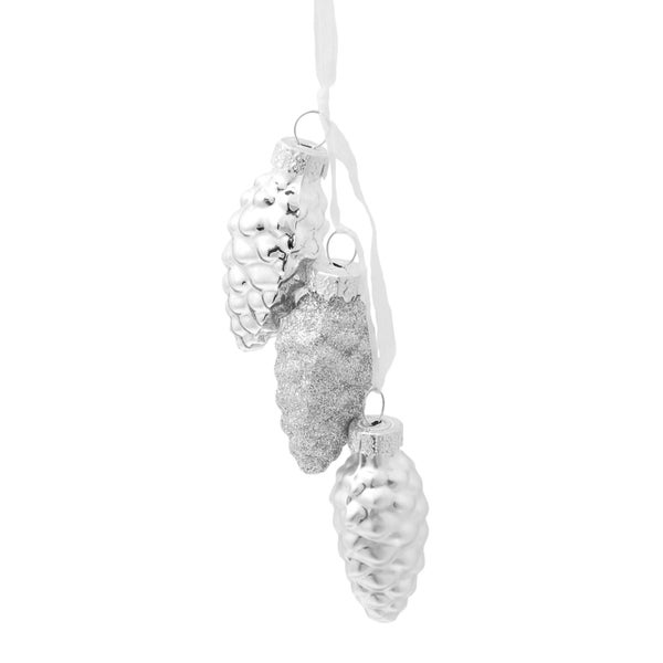 Silber glanz/Silber satin/Silber beglittert 6cm Set aus 2x3 Stück Minitannenzapfen mit Textilband, 6 Stck., Weihnachtsbaumkugeln, Christbaumschmuck, Weihnachtsbaumanhänger