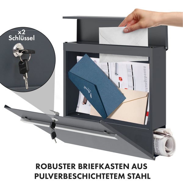FLOORDIREKT Briefkasten Gaston - Stahl Wandbriefkasten mit Zeitungsfach und Edelstahl-Namensschild
