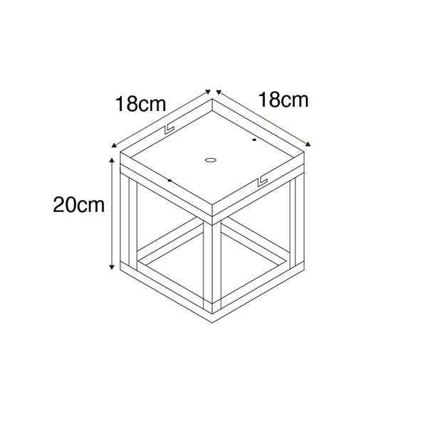 Skizze eines Hockers mit den Maßen 18 x 18 x 20 Zentimeter.