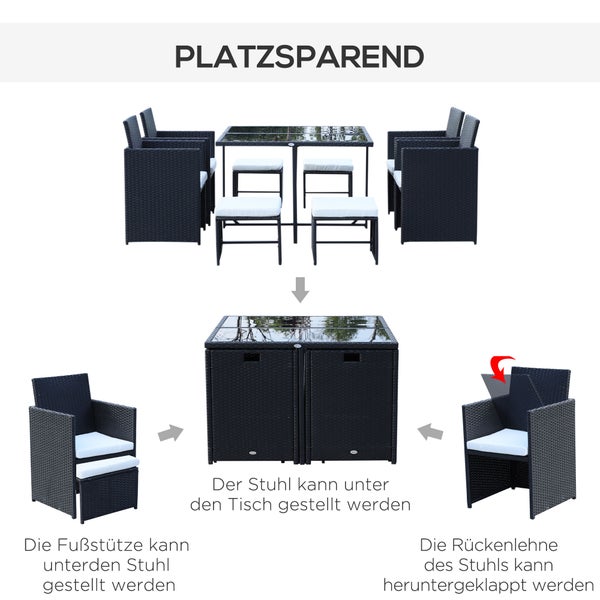 Platzsparende Garten-Sitzgruppe aus Polyrattan mit klappbaren Lehnen und Hockern, die kompakt unter dem Tisch verstaut werden können.