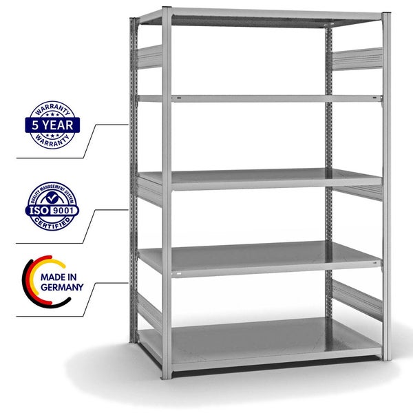 PROREGAL Fachbodenregal Stecksystem T-Profil Heavy-Duty Grundregal HxBxT 200 x 130 x 80 cm 5 Ebenen Fachlast 330 kg Beidseitig Nutzbar Verzinkt