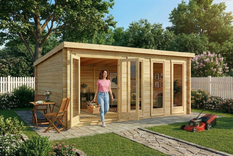 Modernes Gartenhaus aus Holz mit Pultdach, großen Glasfronten und gemütlicher Inneneinrichtung in einem Garten bei Abenddämmerung.