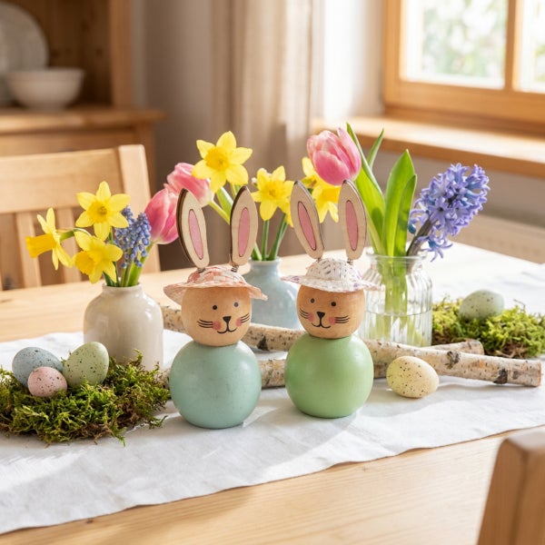 Zwei dekorative Osterhasen aus Holz mit Strohhüten auf einem Tisch mit Frühlingsblumen und Ostereiern als festliche Tischdekoration.