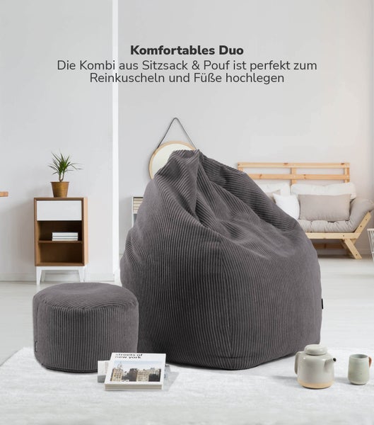 mokebo Sitzsack Cord mit Hocker 'Der Tagträumer', Bean Bag und Pouf mit EPS-Perlen Füllung in Anthrazit