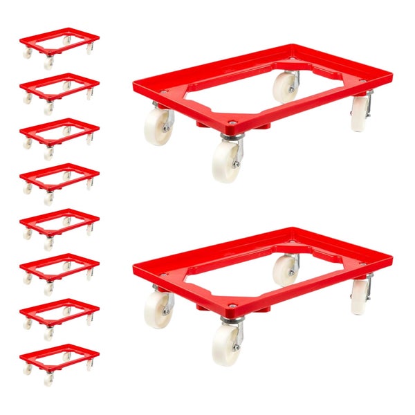 PROREGAL SparSet 10x Transportroller für Euroboxen 60 x 40 cm mit Kunststoffräder Rot Offenes Deck 2 Lenkrollen und 2 Bremsrollen Traglast 300 kg
