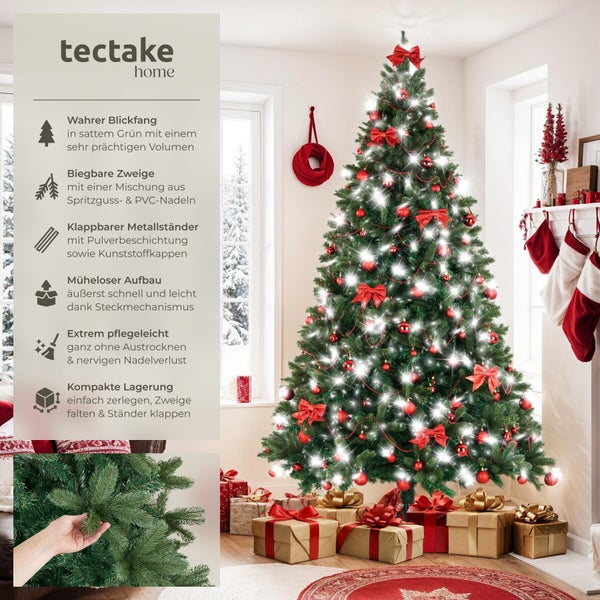 Ein künstlicher Weihnachtsbaum von tectake Home mit rotem Weihnachtsschmuck und Geschenken in einem festlich dekorierten Wohnzimmer.