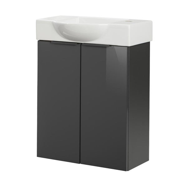 Fackelmann LUNA Gäste-WC Set 2 Teile – Waschtischunterschrank in Anthrazit mit Waschbecken aus Keramik – SBC Waschbeckenunterschrank schmal – 2 Türen – Hahnloch rechts – 55 cm breit
