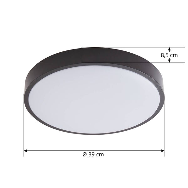 Runde Deckenleuchte mit Abmessungen: Durchmesser 39 Zentimeter und Höhe 8,5 Zentimeter.