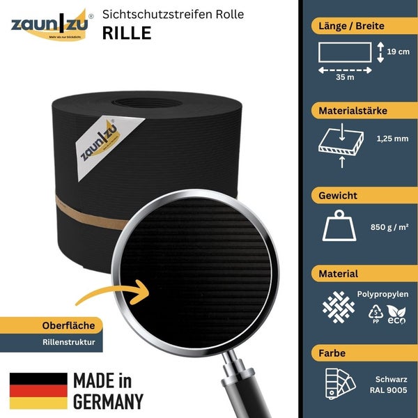 Zaun zu Sichtschutzstreifen Rolle Rille mit den Maßen 35 Meter mal 19 Zentimeter