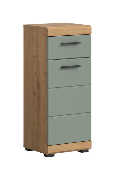 Badezimmerschrank mit vier Schubladen, Korpus in Eichenoptik und salbeigrünen Fronten, obere Schubladen mit schwarzen Griffen.