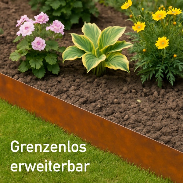 Beeteinfassung aus Metall in Edelrost-Optik trennt Rasenfläche von bepflanztem Blumenbeet. Grenzenlos erweiterbare Rasenkante.