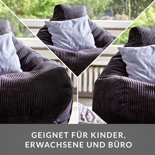 Green Bean Sitzsack mit Rückenlehne 80x80x90cm - Gaming Chair mit 230L Füllung Cordstoff - Bean Bag Bodenkissen Lounge Sitzhocker Relax-Sessel Gamer Gamingstuhl Schwarz