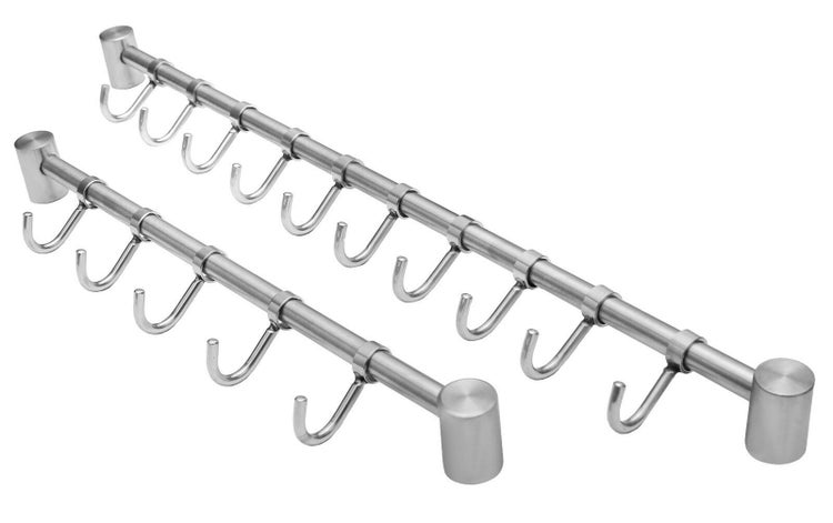 Zwei Garderobenleisten aus gebürstetem Edelstahl mit sechs und zehn Haken für die Wandmontage.