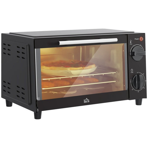 HOMCOM Mini-Backofen mit Glastür, Innenbeleuchtung, Temperaturregler, Zeitschaltuhr und silbernem Griff. HOMCOM Logo.