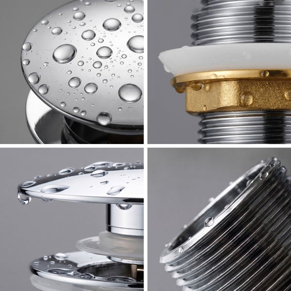 Detailansichten einer Pop-up Ablaufgarnitur für Waschbecken aus Metall mit Wasserperlen, Gewinde, Dichtung und Messingmutter.