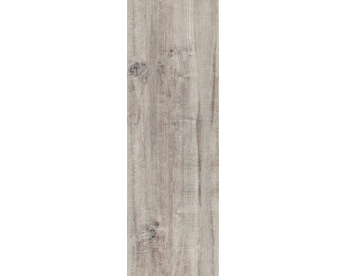 Bodenfliese in Holzoptik, hellgrau mit Maserung und Astlöchern.