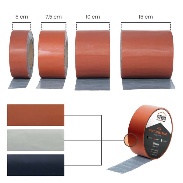 Daprona Aluminium Butylklebeband in Breiten von 5 bis 15 Zentimeter sowie Farbauswahl in Ziegelrot, Aluminium und Schwarz für Dachabdichtungen.