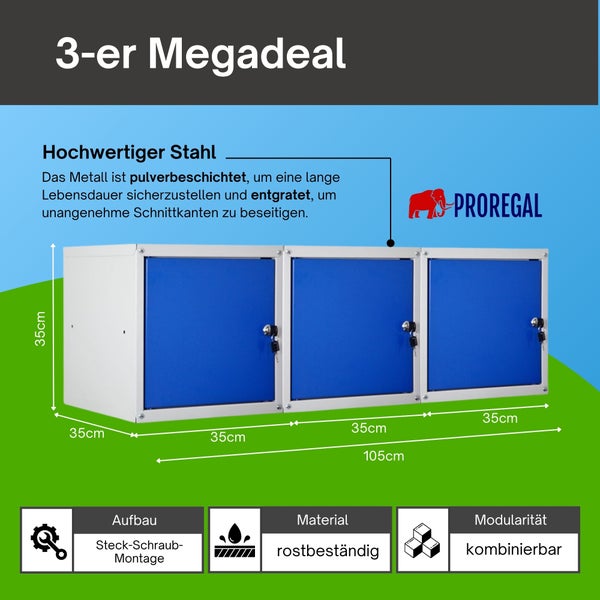 Proregal Logo, drei Schließfächer aus pulverbeschichtetem Stahl, 35 mal 35 mal 35 Zentimeter pro Fach, abschließbar, rostbeständig, kombinierbar.