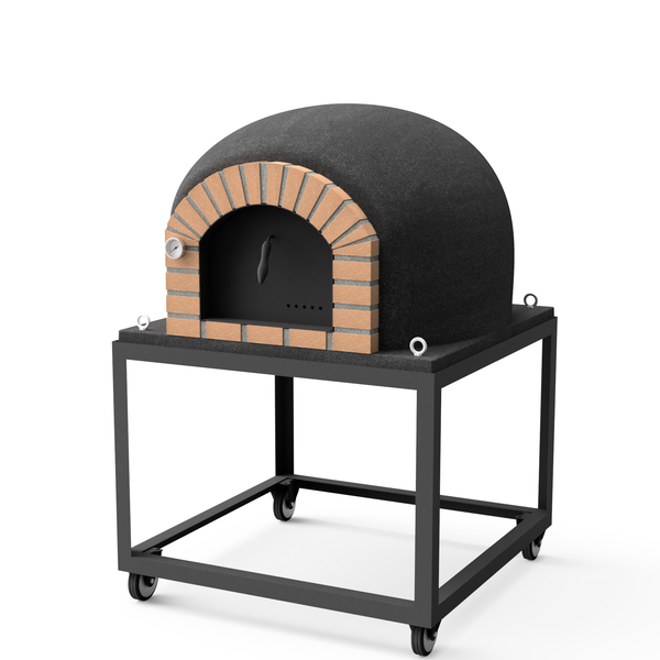 Steinbackofen für den Außenbereich mit Ziegelbogenfront auf einem fahrbaren Metallgestell mit integriertem Thermometer.