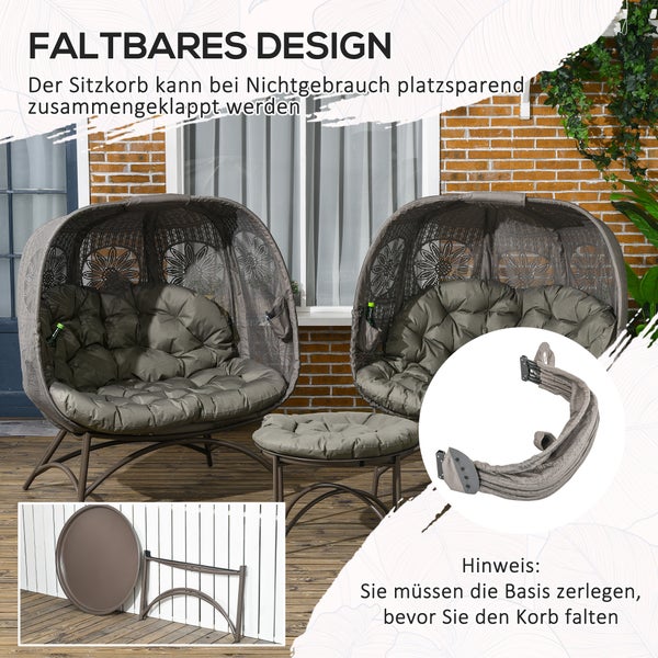 Outsunny 3tlg. Gartenstuhl-Set, Korbstuhl mit Faltbarem Sitzkorb, 126cm x 75cm x 142cm, Stahl, Sand