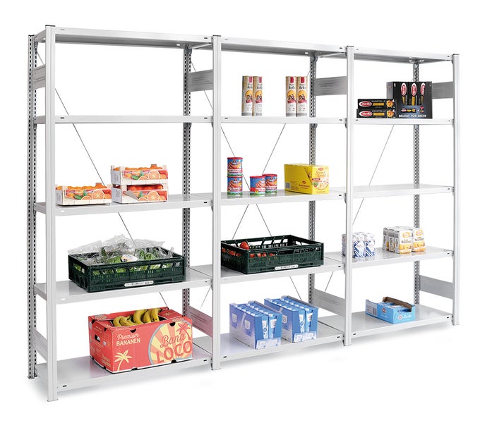 PROREGAL Lebensmittel Fachbodenregal Stecksystem T-Profil Grundregal HxBxT 200 x 100 x 60 cm 5 Ebenen Fachlast 140 kg Hygienische Beschichtung Weiß