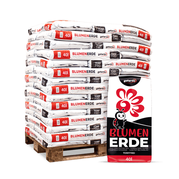 Galamio Blumenerde torffrei 40 Liter auf Palette gestapelt.