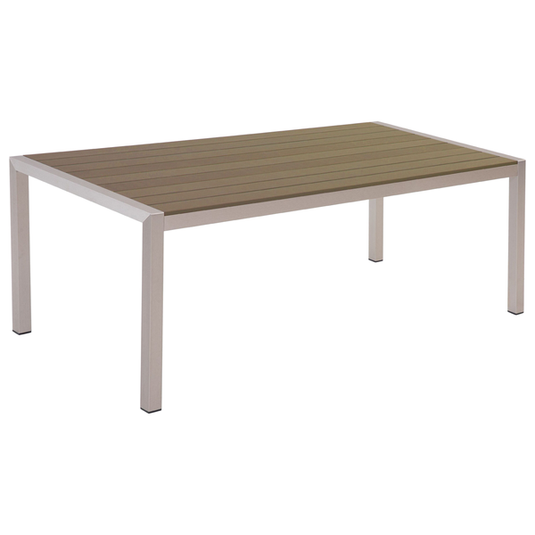 Rechteckiger Gartentisch mit einem Metallgestell und einer Tischplatte aus Lamellen in Holzoptik.