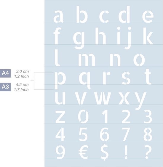 QBIX Buchstabenvorlage Modernes komplettes Alphabet A3 Größe Kunststoff - Höhe Buchstaben 4cm
