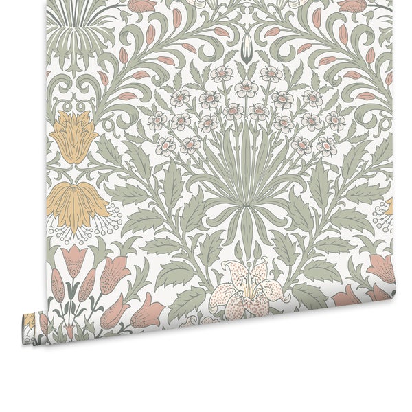 Tapete mit floralem Jugendstil Blumenmuster und Blättern in symmetrischer Anordnung