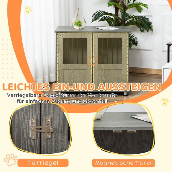 PawHut Hundekäfig für Zuhause, Haustierkäfig, Hundehütte Indoor mit Schloss, Magnettür, Hundehaus mit Fenster, Hundebox für klein und mittelgroße Hunde, Grau, 85 x 55 x 87 cm