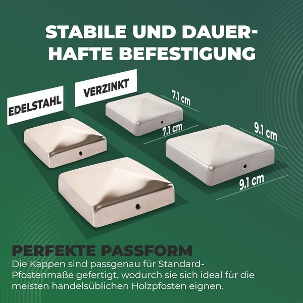 Pfostenkappen für Holzpfosten aus Edelstahl und verzinktem Stahl in den Größen 7,1 Zentimeter und 9,1 Zentimeter.