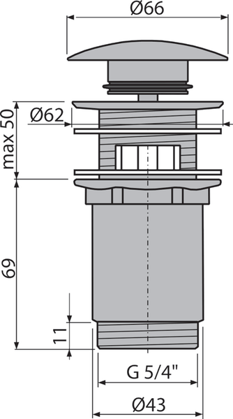 Technische Zeichnung eines Pop-up-Ablaufventils für Waschbecken mit Maßen wie oberer Durchmesser 66 Millimeter und Gewinde G fünf viertel Zoll.