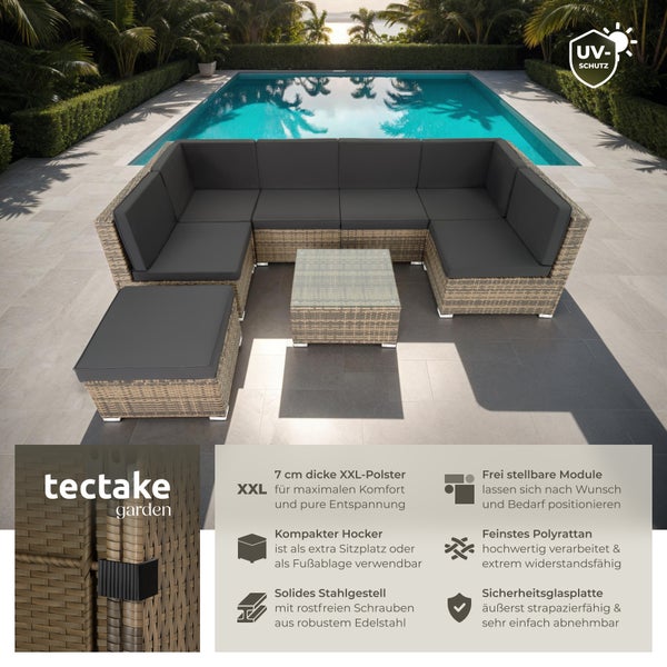 Rattan Lounge tectake Venedig mit Sicherheitsglasplatte für 6 bis 7 Personen natur