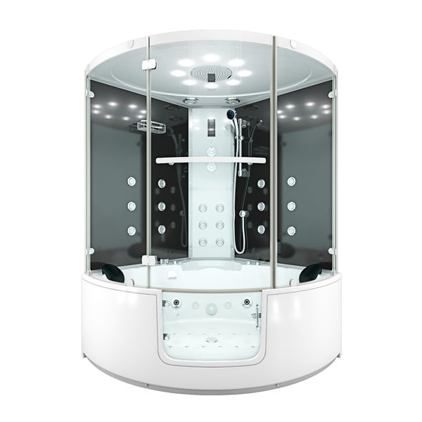 Draufsicht in eine Whirlpool-Duschkabine mit Massagedüsen, Kopfbrause, Handbrause, Kopfstützen und integriertem Sitz.