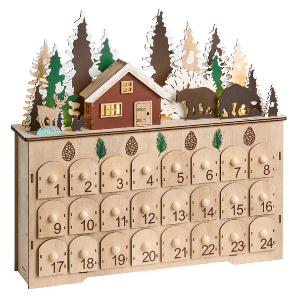 Holz Adventskalender mit Haus- und Waldmotiven